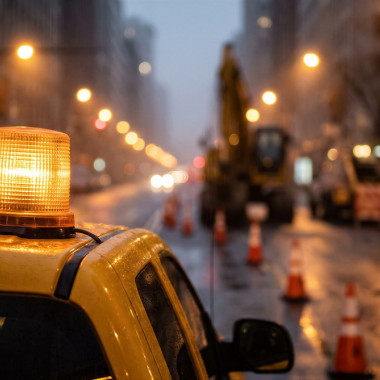 Gelbe Rundumleuchte auf einem Fahrzeug bei Straßenarbeiten in der Nacht